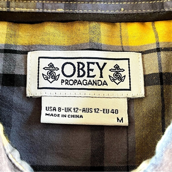 OBEY Lightweight Breathable Cotton Button Up Shirt Sz M Yellow Grey Western Boho - Picture 5 of 7